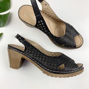 Patrizia by Spring Step Marikama Sandals Black Faux Leather Heels Women's 8